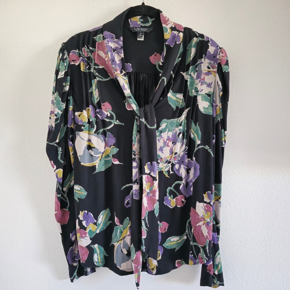 Lauren Ralph Lauren Black Floral Print Jersey Tie Neck Blouse Long Puff Sleeve M - Picture 2 of 9